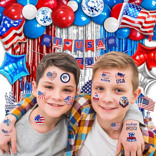 50 PCS Fourth of July Temporary Tattoos for Kids, Red White and Blue Themed Tattoos for Birthday Party Supplies USA Flag Memorial Day Independence Day Labor Day Tattoo Stickers for Kids Boys Girls