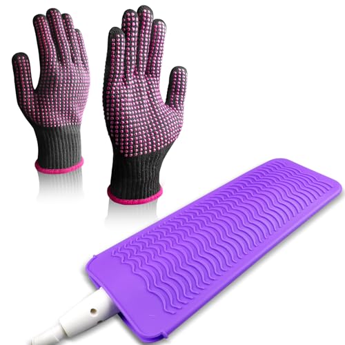 Heat Gloves for Hair Styling, 2PCS Heat Resistant Gloves and Silicone Mat Pouch for Curling Irons, Hair Straighteners, and Flat Irons