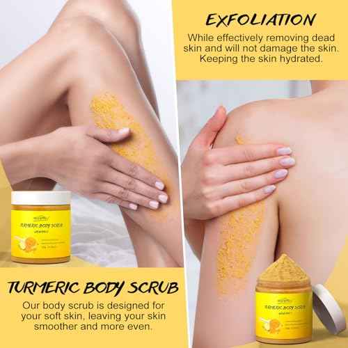POP MODERN.C Turmeric and Vitamin C Body Scrub Remove Dead Skin Improve Dark Spots Acne Natural Organic Exfoliating Deep Cleansing Exfoliator for Body Butt Bikini Area Body Care with Loofah
