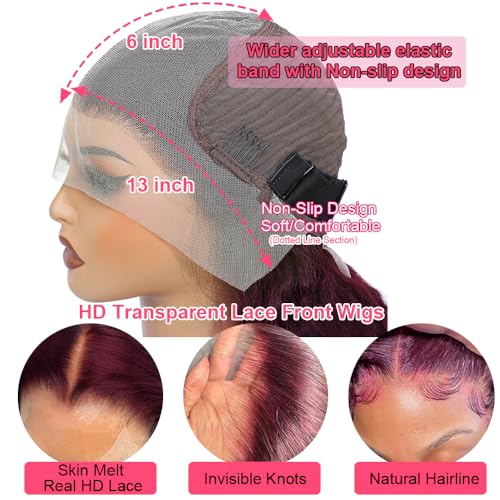 13x6 Bob Wig Human Hair 200 Density 99j Burgundy Lace Front Wigs Human Hai.r Glueless 13x6 Body Wave HD Lace Front Wigs Human Hair Pre Plucked Short Wine Red Bob Wigs for Black Women 16 Inch