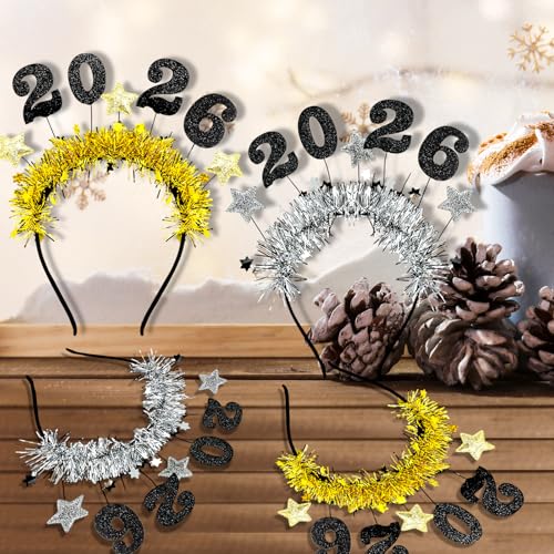4 Pcs Happy New Year Headbands for Women 2026 New Year Eve Hairbands Party Supplies Holiday Headwear Decoration Gifts (Gold+Silver)