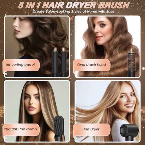 5-in-1 Hair Dryer Brush with Hot Air Curling & Negative Ion Technology - Versatile Styler for Drying, Curling, Straightening, and Volume Boosting, Holiday Gift for Women