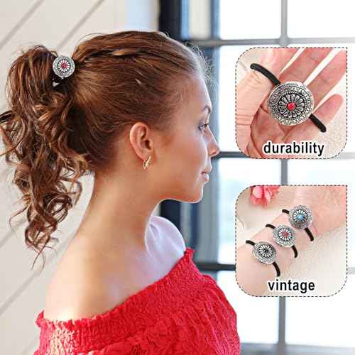 3PCS Western Style Ponytail Holders, Metal Hair Ties Bracelet, Boho Hair Clips Vintage Turquoise Concho Squash Blossom Hair Bands Elastic Hair Cuffs Hair Accessories for Women Girls