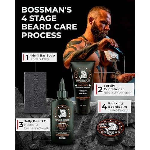 Bossman Complete Beard Kit ? Men's Beard Oil Jelly, Fortifying Shower Conditioner, Balm, Mustache Wax & Comb ? Beard Softener & Grooming Care ? Men Gift Set (Magic Scent)