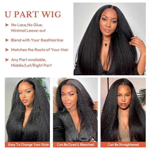 Selina Hair U Part Human Hair Wig Kinky Straight 22 Inch Brazilian Half Wig Upgraded U Shape Clip in Human Hair Wigs Yaki Straight Glueless Wigs Natural Color