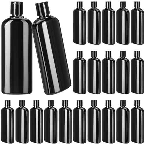 Domensi 24 Pcs Plastic Bottle Squeeze Containers with Disc Cap Travel Bottles Reusable Empty Toiletries Shampoo Containers Refillable Travel bottles for Shampoo Lotions(6.8oz,Pure Black)