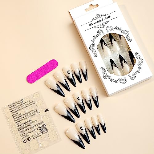 Halloween Press on Nails Stiletto Fake Nails with Night Moon Designs Stick on Nails Full Cover Black Halo Staining Artificial Nails Dark Glossy Glue on Nails for Women Girls 24PCS