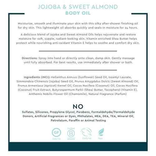 Desert Essence, Jojoba & Sweet Almond Body Oil Spray, 8.28 fl. oz. - Gluten-Free, Vegan, Cruelty Free - 24hour Moisture, Soothes Skin, Perfect for Sensitive Skin, Illuminating Body Spray