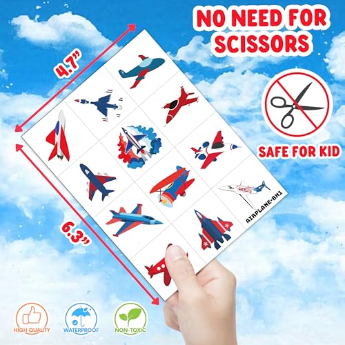 96PCS Airplane Temporary Tattoos Pre-Cut, Aviation Theme Birthday Party Decorations, Fighter Jet Plane Tattoo Stickers for Kids Boys Girls, Party Favors, School Gifts & Rewards