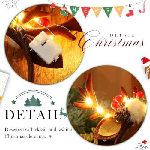 Fashey Christmas Light Up Headband Led Glitter Reindeer Antlers Hairband Flashing Deer Ears Xmas Headbands Christmas Headdress Hair Accessories for Women and Girls