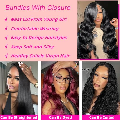 12A Bundles With Closure Human Hair 16 18 20+14 Inch,Body Wave Human Hair Bundles With 4X4 Hd Lace Closure,100% Unprocessed Brazilian Virgin Hair Weave Natural Black Color