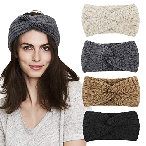 Casoty 4 Pcs Crochet Turban Headband Knitted Knotted Headbands Winter Braided Headbands Cold Weather Warms the Headband Ear Warmer Headband for Women