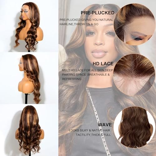 Lace Front Wig Human Hair 13x4 Highlight HD Transparent Lace Frontal Wigs Remy Human Hair High Density 4/27 10A Unprocessed Wigs with Natural Hairline for Women 26Inch
