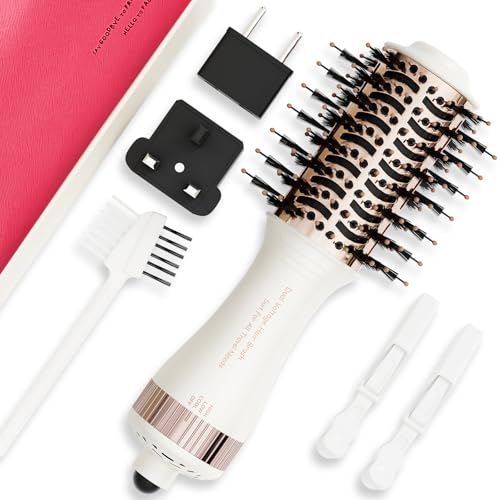 4-in-1 Travel Dual Voltage Hair Dryer Brush Blow Dryer Brush,Portable 2 inch Mini Hot Air Brush,Travel Hair Styler/Volumizer/Straightener/Curler,110-240V European Blow Dry Brush with EU&UK Plug