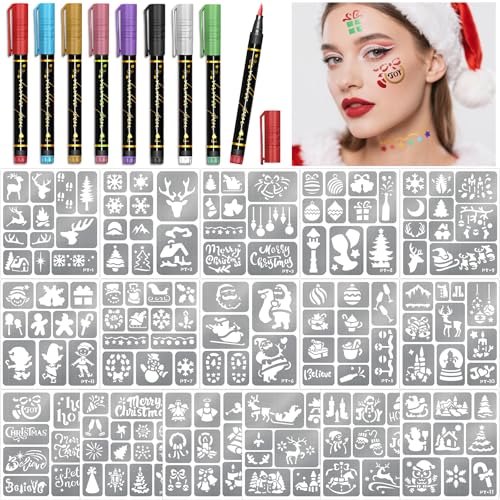 Christmas Temporary Tattoo Markers for Skin, 8 metallic Body Markers + 155 Temporary Tattoo Stencil Stickers, Face Body Paint Kit for Kids and Adults, X-Mas Party Gift