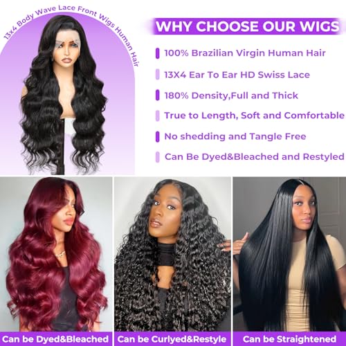 Body Wave Lace Front Wigs Human Hair 13x4 HD Lace Frontal Body Wave Human Hair Wig for Women 180% Density Brazilian Virgin Hair Pre Plucked Glueless Body Wave Wig Natural Black 28inch