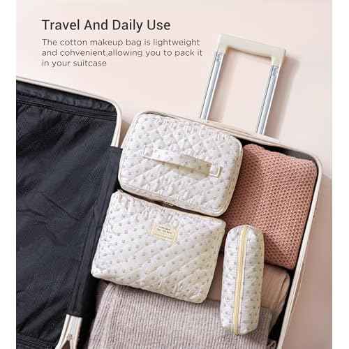 HBselect Quilted Makeup Bag, 3PCS Cotton Large Travel Makeup Bag, Cute Floral Coquette Make up Bag Cosmetic Bag Toiletry Bag for Women Girls
