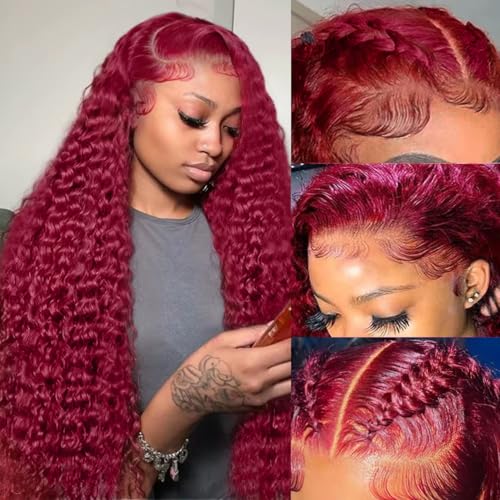 Burgundy Wig Human Hair 99j Burgundy 13x6 Deep Wave Lace Front Wigs Human Hair Pre Plucked HD Transparent Lace Frontal Wigs for Black Women Red Colored Wig 18 Inch