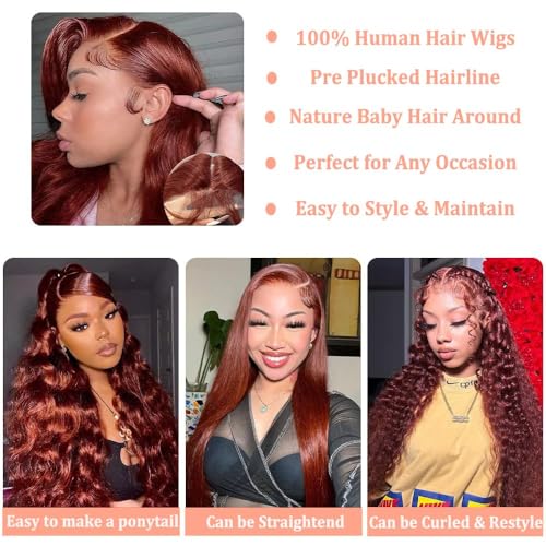13x6 Reddish Brown Lace Front Wigs Human Hair HD Lace Front Wigs 180 Density Body Wave Frontal Wigs Human Hair with Baby Hair Colored Glueless Wigs 16 Inch