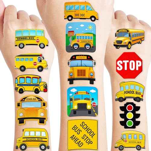 School Bus Temporary Tattoos Theme Birthday Party Decorations Favors Decor Supplies Cute 91 PCS Transportation Back To School Tattoo Stickers Gifts for Kids Girls Boys School Prizes Carnival Christmas