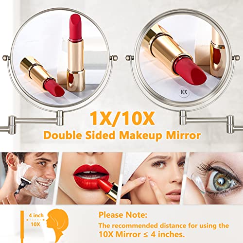 Wall Mounted Makeup Mirror - 10x Magnification 8'' Two-Sided Swivel Extendable Bathroom Mirror Nickel Finish