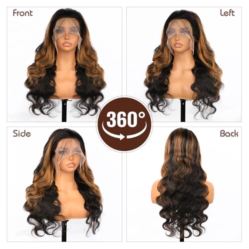 IDHERE 22 Inch Ombre Lace Front Wig Human Hair Pre Plucked 1B/30 Highlight 13x4 Lace Front Wigs Human Hair 180% Density Body Wave Colored Wigs Brown Glueless HD Lace Frontal Wigs for Women