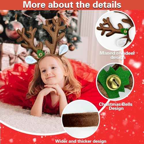 Beviliu Reindeer Antlers Headband, Deer Hairband Costume with Bells, Cute Christmas Hairband Accessories for Adults Halloween Santa Holiday Parties, 2Pack