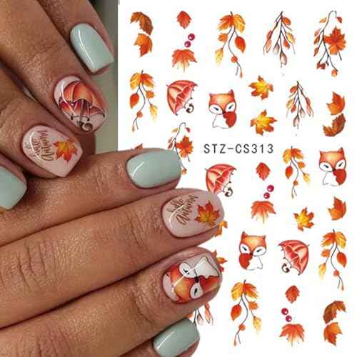 Fall Nail Art Stickers 3D Thanksgiving Leaf Nail Decals Nail Art Supplies Self-Adhesive Gold Maple Leaves Pumpkin Little Fox Nail Designs DIY Salon Accessories Autumn Winter Manicure for Women