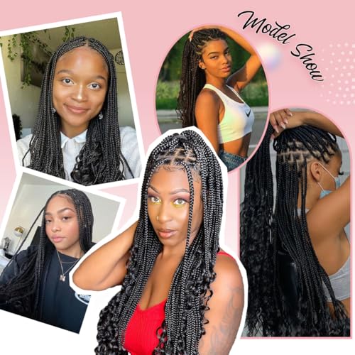 Box Braided Wigs curly ends 32 inch 13X8 Lace Braid Wigs for Black Women Square Knotless Box Braid Wig with Baby Hair Handmade Synthetic Hair Blended Lace Front Wig Natural Black