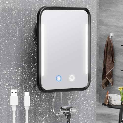 Gospire Heated Shower Mirror Fogless for Shaving with Light, Rechargeable Battery and Adjustable Brightness, Suction Cup and Razor Holder, Removable & NO-Drilling, Waterproof for Bathroom (Black)