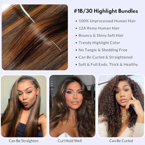 Brown Highlight Body Wave Human Hair 3 Bundles, 12A Balayage Ombre Blonde Color Wavy Bundles Human Hair 100% Remy Hair Soft and Glossy #1b/30 Black Hair with Highlights Sew In 10 12 14 Inch