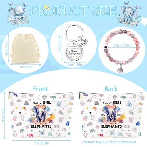 Elephant Gifts for Women - 3Pcs Elephant Lovers Birthday Gifts Set, Cute Cartoon Elephant Makeup Bag Keychain and Healing Bracelets, Christmas Valentines Mother's Day Wedding Gift