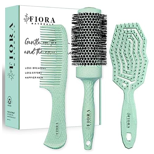 Fiora Naturals Hair Brush Set - Detangler, Round Brush, and Comb for Women - Bio-friendly Brushes for All Hair Types including Natural, Fine & Curly - Ideal for Detangling and Blow Drying
