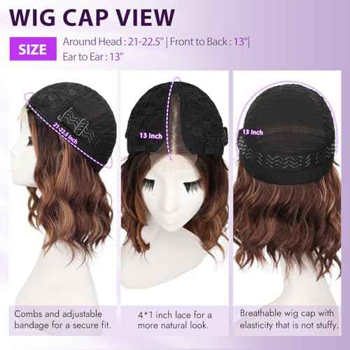 Brown Highlight Short Wavy Wig for Women Lace Hairline Bob Style Synthetic Heat Resistant - Natural Appearance for Everyday Hairstyle 14 Inch