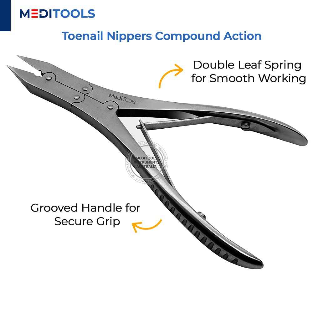 MediTools - Double Action Toenail Nippers, Clippers, Compound Action, Heavy Duty Thick Toenail Cutter, Pedicure, Podiatrist's Nippers, Straight Cut, Ingrown Nails Cutter, Stainless Steel, Premium