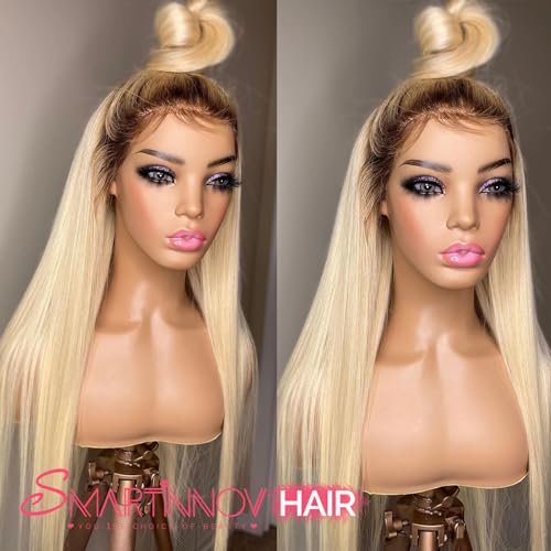 Ombre Blonde Human Hair Wig 13x4 HD Transparent Lace Front 150% Density with Dark Roots #1B613 for Women 18 Inch Pre Plucked Undetectable Melted Lace Frontal Wigs Ombre Blonde Bleached Knots Wigs