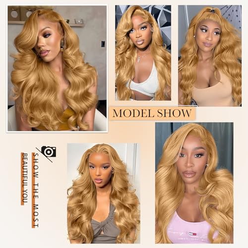 26 Inch Honey Blonde Wig Human Hair 200% Density 13x6 Body Wave Pre Plucked Glueless HD Transparent Lace Frontal Wigs Human Hair for Women