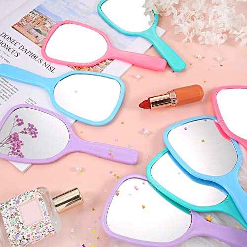 Hicarer 16 Pcs Hand Handheld Mirror with Handle Plastic Travel Makeup Handheld Cosmetic Mirror for Travel, 3.15 Inch Wide, 7.09 Inch Long (Blue,Green,Pink,Purple)