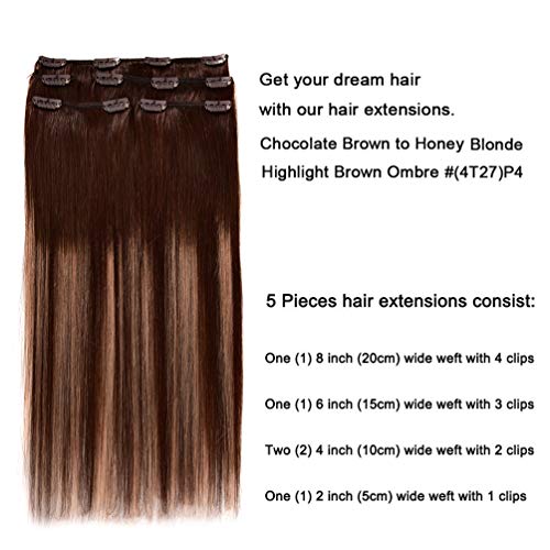 5 Pieces 20" Remy Clip in Hair Extensions Human Hair Chocolate Brown to Honey Blonde Highlight Brown Ombre - Silky Straight Short Thick Real Hair Extensions for Women (20 inches, (4T27) P4, 100grams)