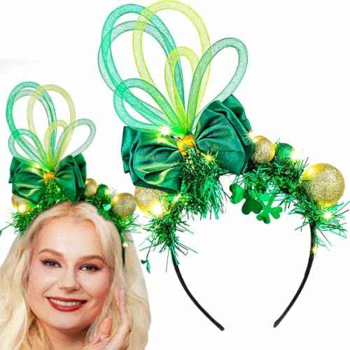 Light Up Balls Headbands LED Green Shamrock Clover Hairbands Xmas Hat Bow Hair Hoops St. Patrick's Day Head bands for Fashion Party Holiday Costume