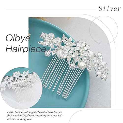 Olbye Wedding Hair Comb Rhinestone Bridal Pieces Flower Silver Crystal Headpiece for Bridesmaids and Brides (Silver)