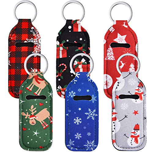 Patelai 6 Pieces Christmas lipstick Holder Keychains Neoprene Lipstick Holder Keychain Protective Cases Lip Balm Lipstick Holder Keychain for Girls Women