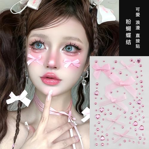 5D Self Adhesive Face Gems Pearls for Makeup, 5 Sheets 3D Bow Moon Butterfly Shape Hair Jewels Diamonds with Tweezers, Bling Rhinestone Stickers for Crafts,Face,Nail (Pink,Purple,Blue,White)