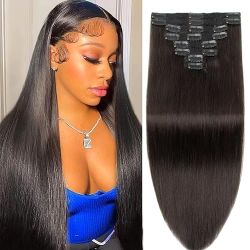 Natural Black Seamless Clip in Hair Extensions Real Human Hair 24inch Clip ins Human Hair Extensions Straight Clips in 100% Brazilian Clip in Extensions Human Hair for Women 8pcs Double Weft