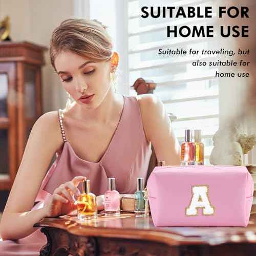 Initial Makeup Bag Personalized Preppy Cosmetic Bag Travel Toiletry Bag Waterproof PU Small Makeup Pouch Bag for Purse Birthday Gift Cute Stuff for Teen Girls Women (Pink A)