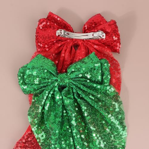 3PCS Big Bowknot Hair Clips Large Sequin Hair Bows Glitter Clips Soft Satin Silky Bowknot with long Tail Hair Bows Clips for Women and Girls Hair Accessories (rose red,red,green)