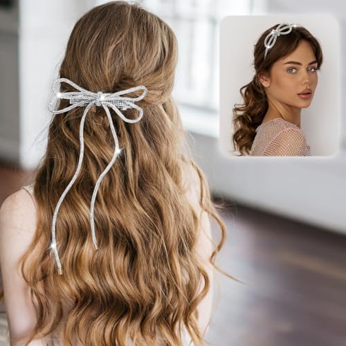 Bow Hair Clips, Silver Hair headband, Crystal Bowknot Clips, Non-Slip Rhinestone hair accessories for Women Girls Sparkly Hair Tiara for Long Short Curly Straight Thick Thin Hair