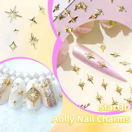 Star Nail Charms and Gold Nail Studs, Star Starshine Cross Metal Gold Nail Art Studs, Mixed Gold Silver Star Nail Charms and Gems, Golden Star Nail Art Charms, 3D Star Charms for Nail Art Y2K Decor