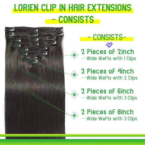LORIEN Clip in Hair Extensions Real Human Hair, 22 Inch 110g, 1B Natural Black, Clip in 100% Brazilian Remy Human Hair Extensions 8pcs Per Set with 18 Clips Double Weft