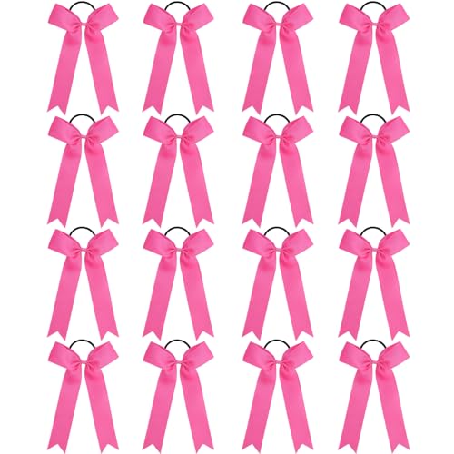 OAOLEER 16pcs Cheer Hair Bows for Cheerleader, College Style Long Tail Skinny Cheer Bow Elastic Hair Tie Bows for Teens Girls Softball Competition Sports Cheerleaders (Pink)
